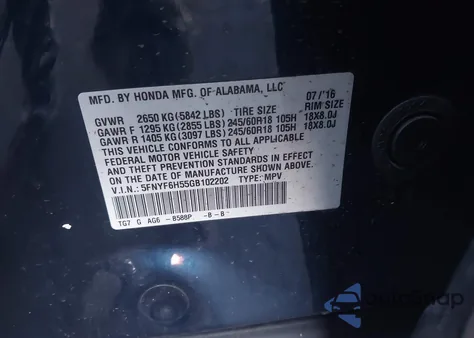 2016 Honda Pilot Ex-L z USA, uszkodzony, nr VIN 5FNYF6H55GB102202